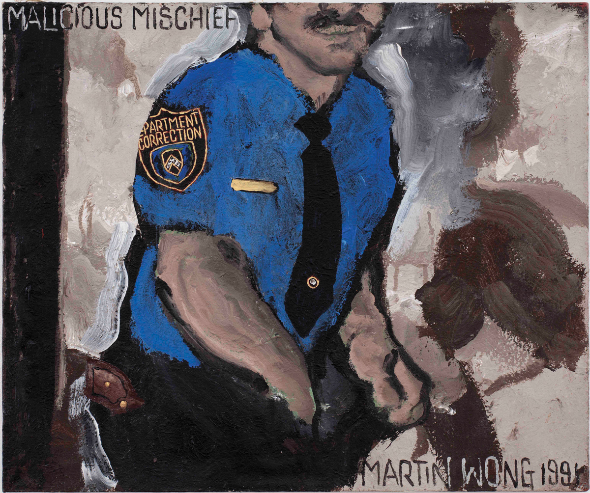 A painting of a policeman with a moustache and a hand going down his pants, with the words "malicious mischief" in the upper right corner.