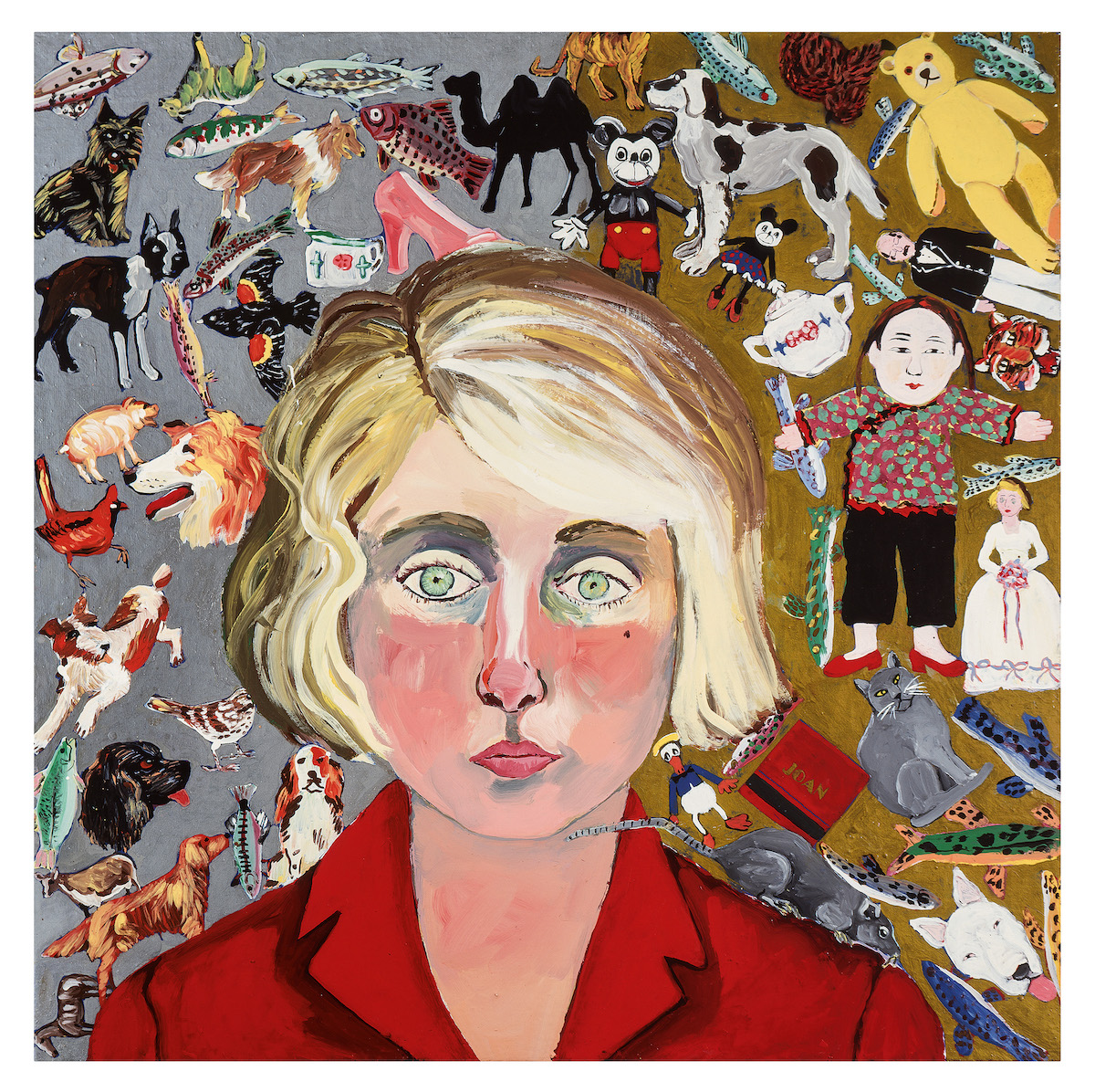 Self-portrait of Joan Brown with a blonde bob surrounded by small-scale renderings of animals and child's toys.