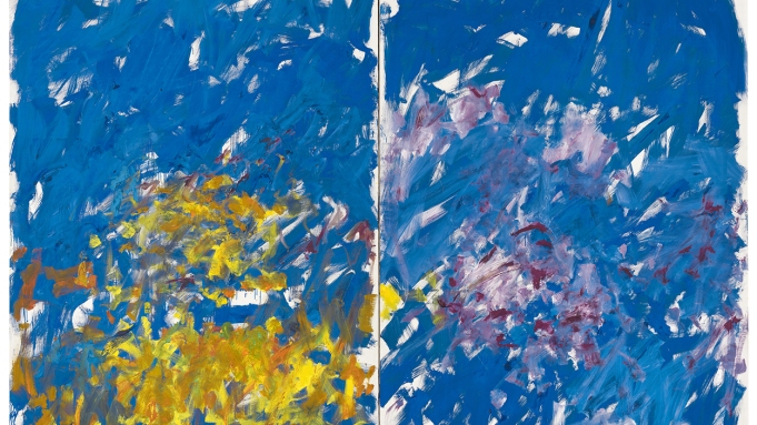 A diptich dominated by cool blue brush strokes, with golden accents bottom left and lilac ones bottom right.