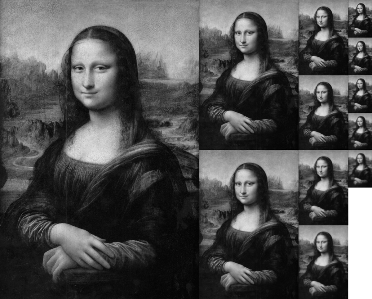 a black-and-white collage of the Mona Lisa