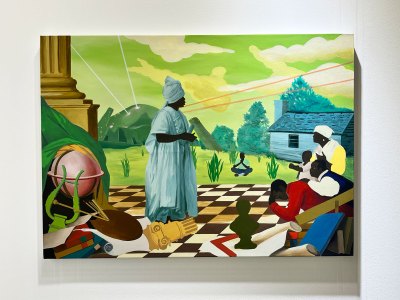 A painting showing several Black people in a sci-fi-esque setting.