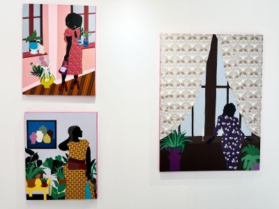 Three painting showing Black women in moments of respite.