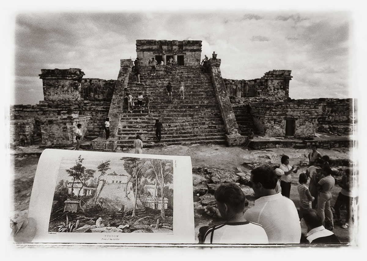 A silver gelatin photograph showing people at the ruins of a Mesoamerican temple with a drawing of the temple in the bottom left corner.