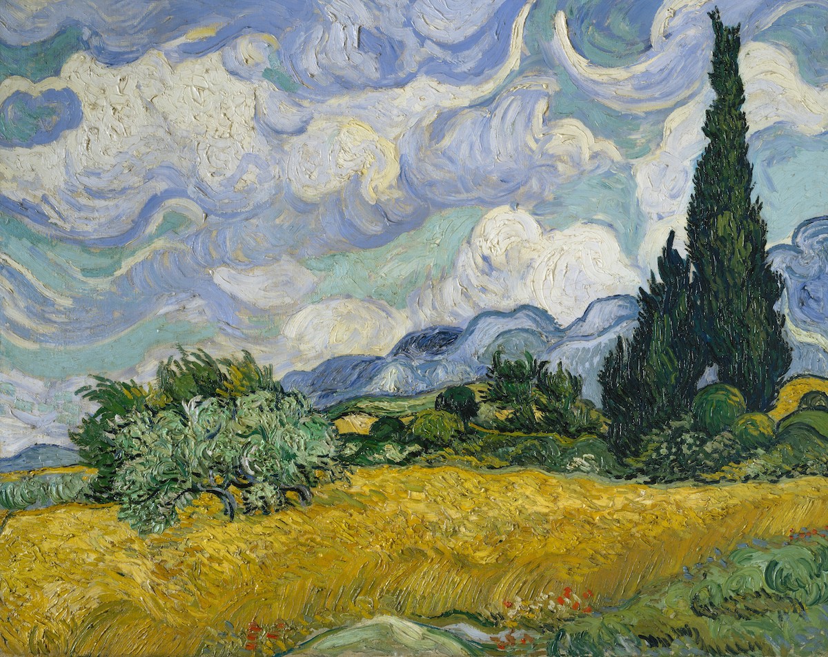 A painting of a golden wheat field with a tree that appears to blow in the wind. A tall cypress tree looms amid mountains and a sky whose clouds appear to roll.