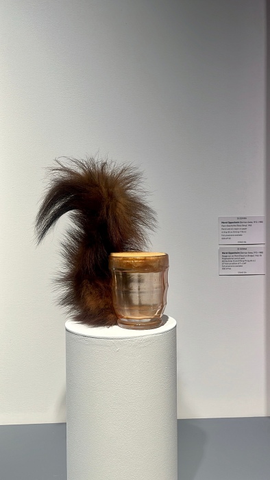 A beer glass with a bushy squirrel's tail attached.