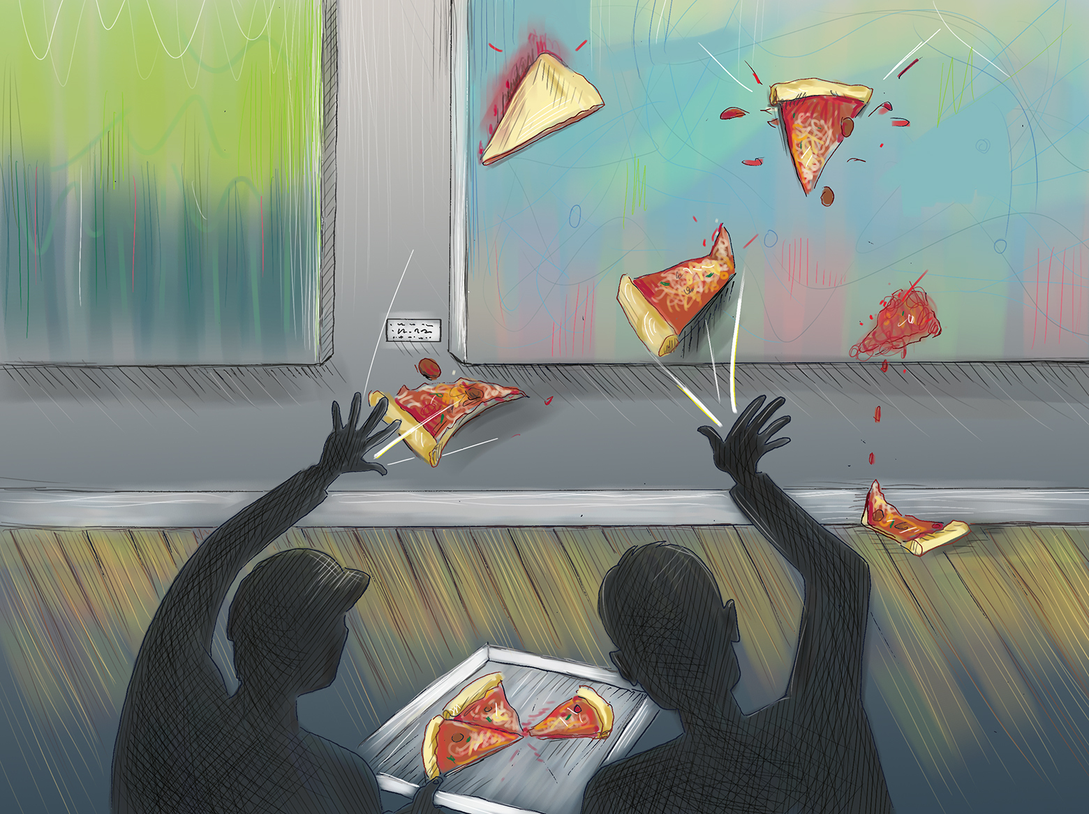 An illustration of two activists throwing slices of pieces at paintings in a museum.