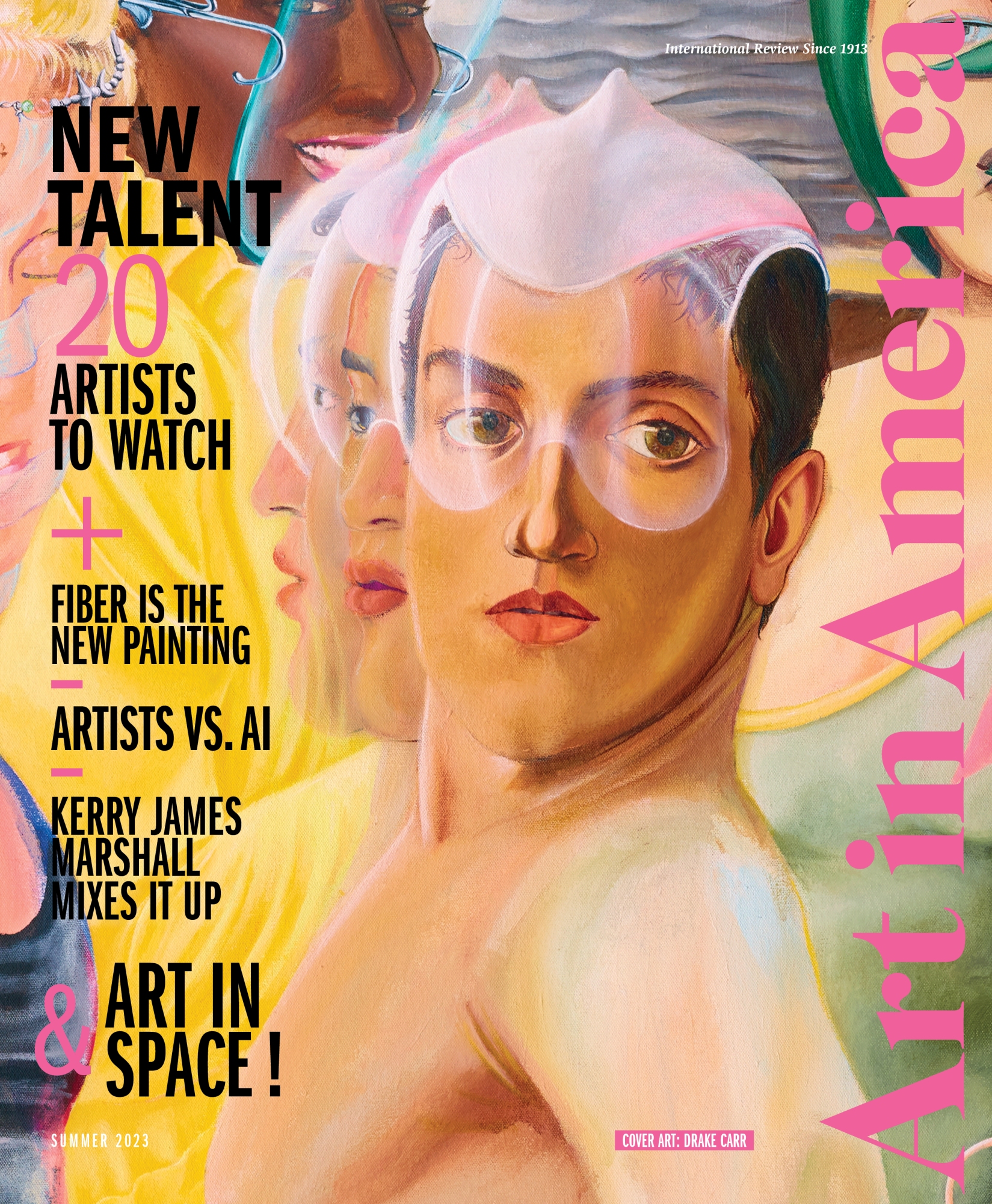A painting of a person with big brown eyes covered by kind of sheer, blobby veil on the cover of Art in America. Text reads: new talent, 20 artists to watch, fiber is the new painting, artists vs. ai, Kerry James Marshall mixes it up, & art in space.