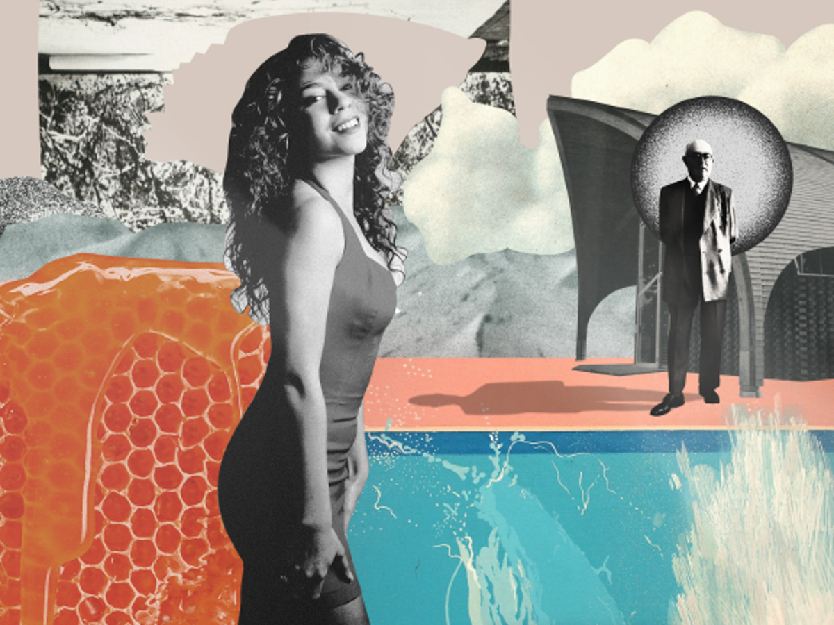 A collage mixing grayscale and pastel-colored elements. Mariah Carey is in the foreground in a tight dress; behind her, there's a honeycomb and a painting of a swimming pool. Across the pool, a bald white man in a suit (Theodore Adorno) stand in front of a modernist building.
