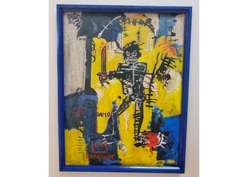 A semi-abstract painting that is meant to mimic one by Jean-Michel Basquiat that include the artist's signature.