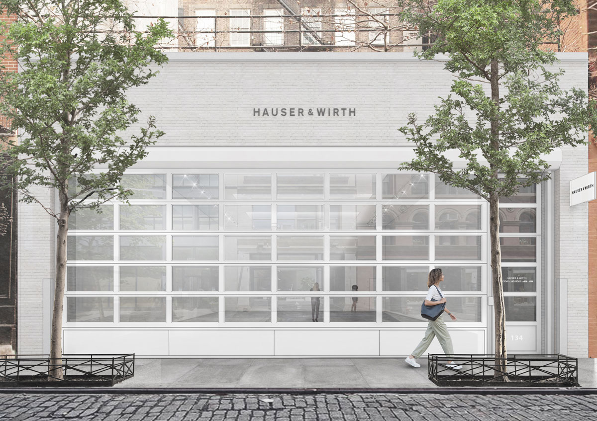 Rendering of a single-story art gallery that reads Hauser & Wirth atop.