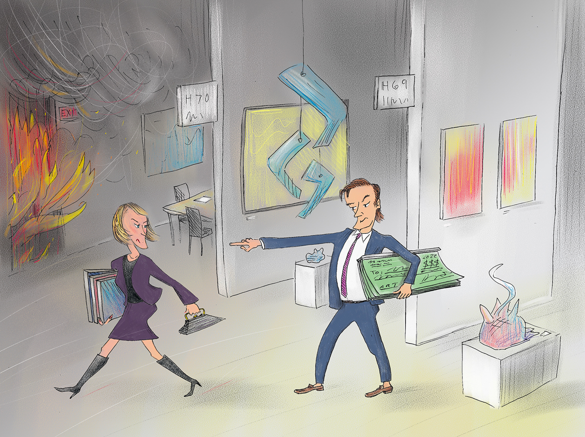 An illustration of a well-attired art collector holding a big check and pointing at his adviser to guide her into a fire.