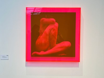 A Photorealistic painting of a nude woman showing her legs with her face covered behind neon pink Plexiglas.