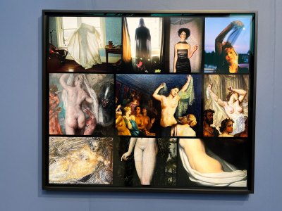 A photograph made of a grid of several photographs showing mostly nude women from paintings.