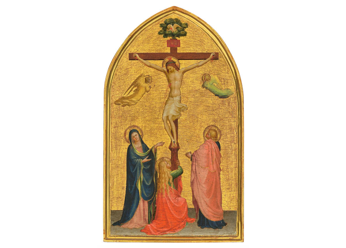 A 15th-century painting with a gold-leaf background of Christ on the cross with three people below and two angles above. The work is shaped like a cathedral window.