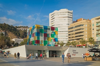 The distinctive glass cube of the Pompidou Centre museum on Muelle Uno, Malaga The structure was designed by French artist Daniel Buren 1938 - Malaga, Costa del Sol, Malaga Province, Andalusia, southern Spain.