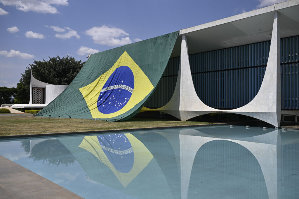 A giant Brazilian flag placed at the Palácio da Alvorada, after it was requested by former Brazilian president Jair Bolsonaro, in Brazil, 2022.