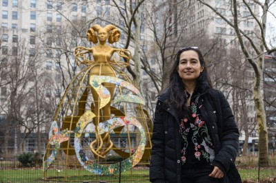 Shahzia Sikander in front of her sculpture Witness Madison Square Park, New York, February 7, 2023.