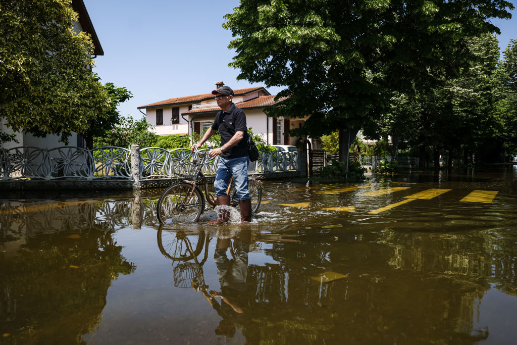 A general view of houses, roads and cars submerged and the flood damage in Emilia Romagna on May 26, 2023 in Conselice, Italy (Photo by Alessandro Bremec/NurPhoto via Getty Images)