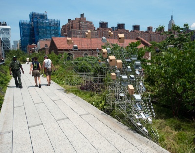 Sarah Sze Still Life With Landscape (Model for a Habitat), which incorporates bird houses, butterfly feeders and seed trays, installed at the High Line, New York, June 8, 2011–June 6, 2012.