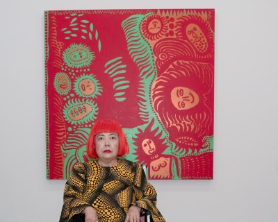 Yayoi Kusama photographed with her work at David Zwirner Gallery, New York, 2013.
