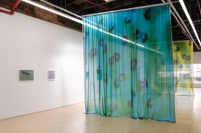 A gallery with photographs on its walls. Hanging at its center are two large, curtain-like works that feature a floral-print pattern on them.