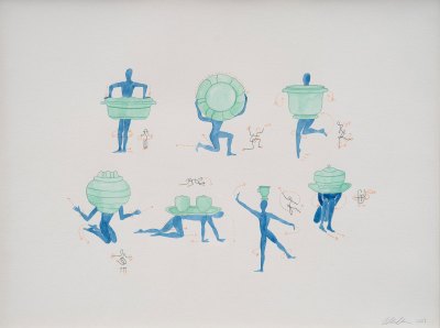 A watercolor drawing showing blue figures emerging from sea-green costumes.