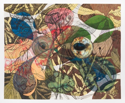 A multi-colored painting of layered organic forms, including, leaves, eyeballs, and insects.