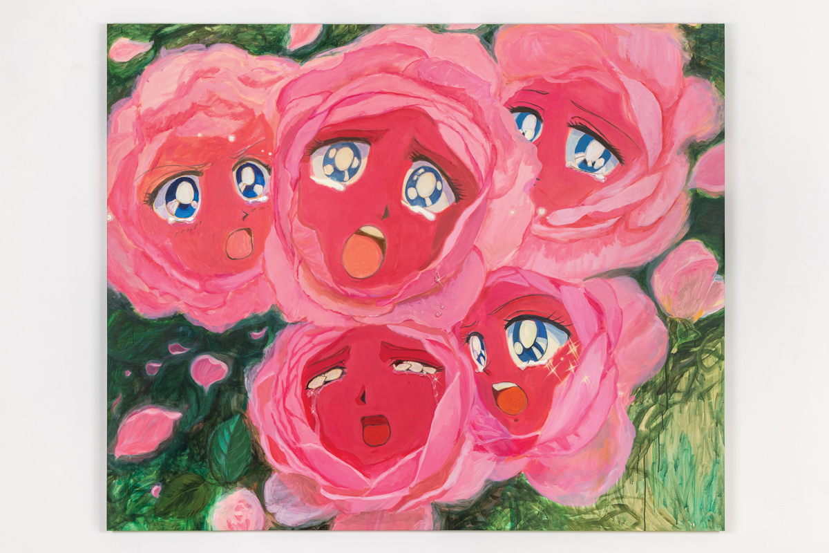 five pink flowers with anime-inspired faces