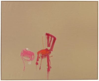 A beige painting of a spare red chair.