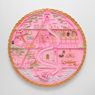 An image of a large circular painting showing a series of rooms bisected by a slide all in pink and surrounded by a gold trim.