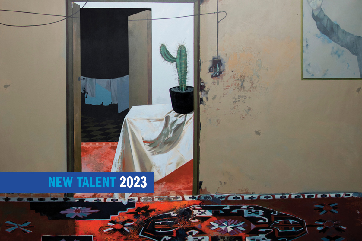 a painting on an interior hallways with a red patterned rug and a doorway looking into a room with a table, cactus, and clothing on a line