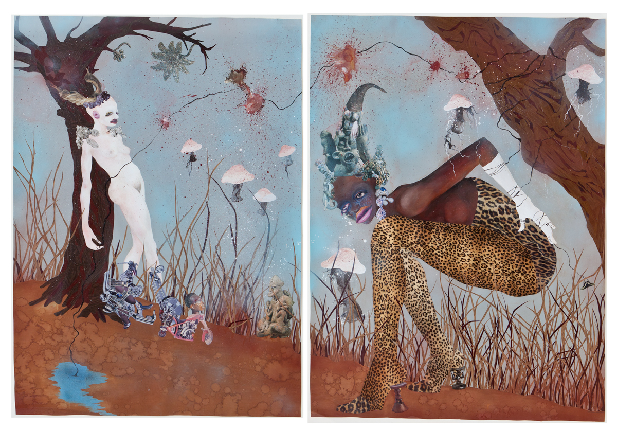 In a dazzling collage diptych, a Black woman in a leopard print jumpsuit, heels, and a long white glove crouches among grasses and mushrooms. Meanwhile, a paper-white silhoutted female figure leans against a tree. The work has a magical feel.