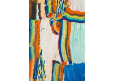An abstract painting showing various brushstrokes in blue-teal-yellow-orange strokes mainly.