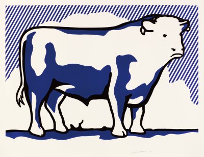 A lithograph of a blue and white bull.