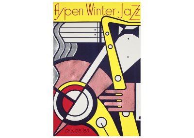 A poster by Roy Lichtenstein of a man playing a saxophone.