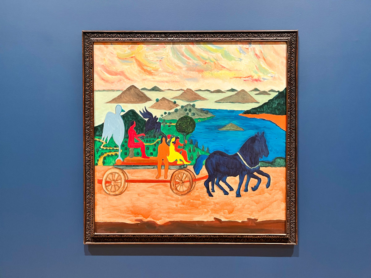 A painting showing figures on a carriage, being pulled by horses in a vibrant landscape.