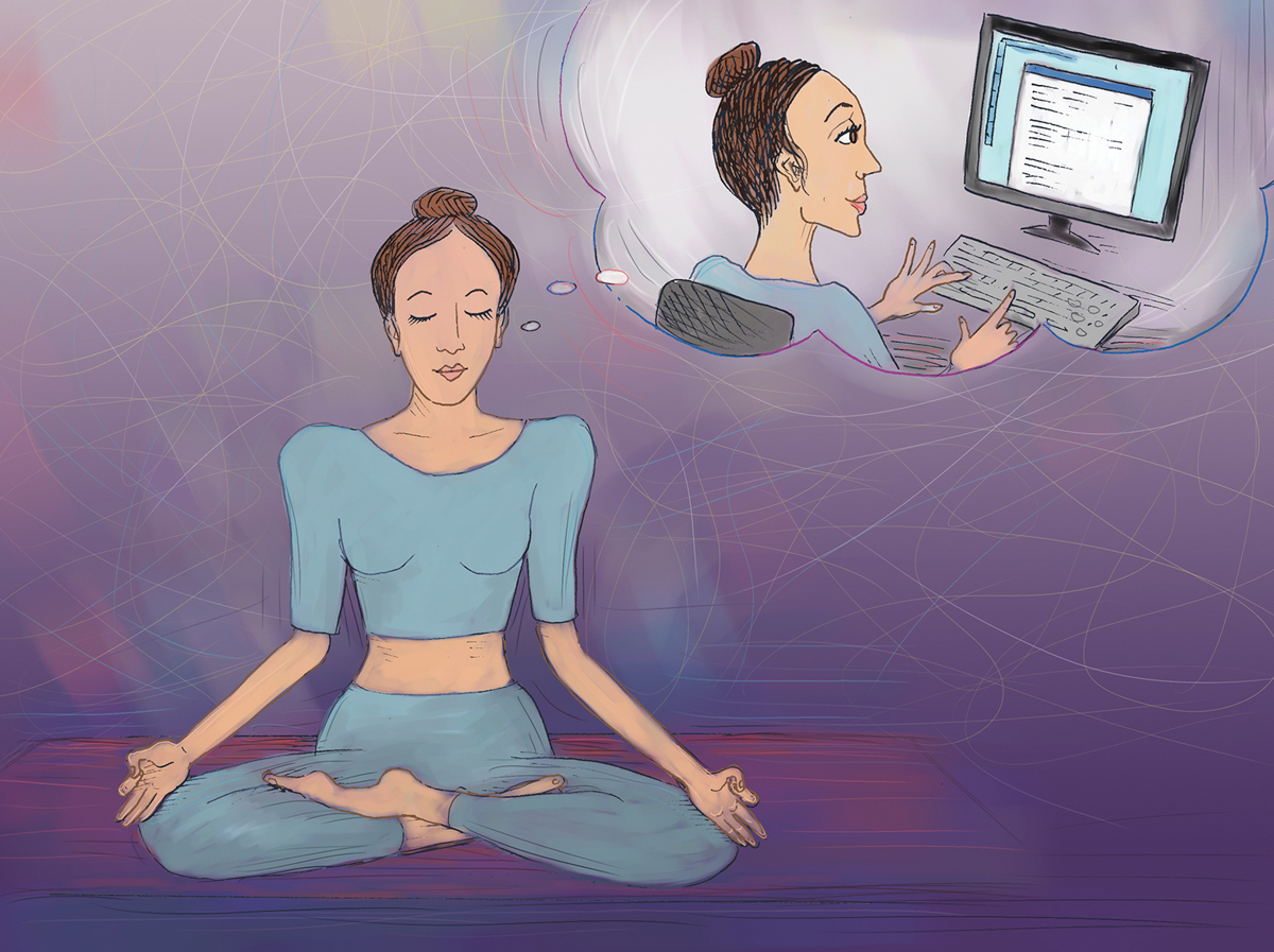 A woman sitting in a lotus pose imagines herself in a thought bubble sitting at a computer and typing away.