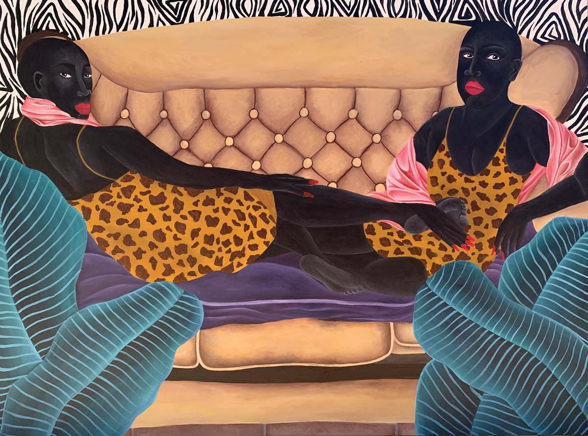 A painting of two women on a vintage couch. They have jet black skin, red nails, red lipstick, and matching leopard print nightgowns. There is zeba-like wallpaper in the background, and plant leaves in the foreground.