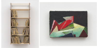 One the left, an image of a shelf with many wrapped canvases. On the right, an abstract painting showing red and green arrow forms.