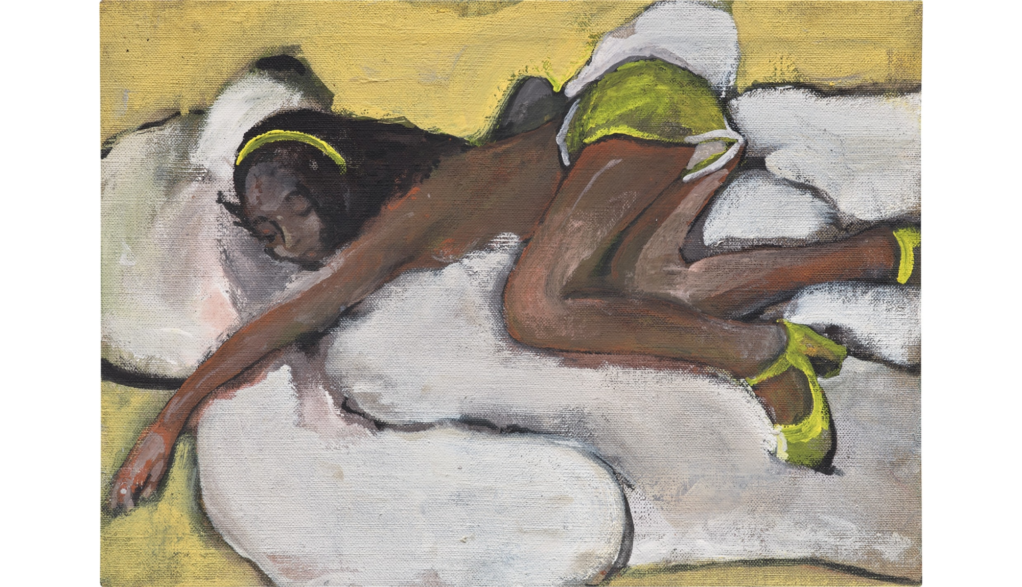 Painting of a Black woman asleep. She has yellow strap heels and yellow shorts on.