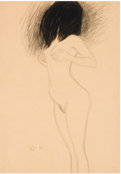 A drawing of a nude woman whose hair covers her head. She holds her breasts.