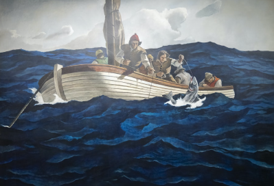 A painting of fishers in a boat amid choppy waters. One holds a line with a fish still attached.